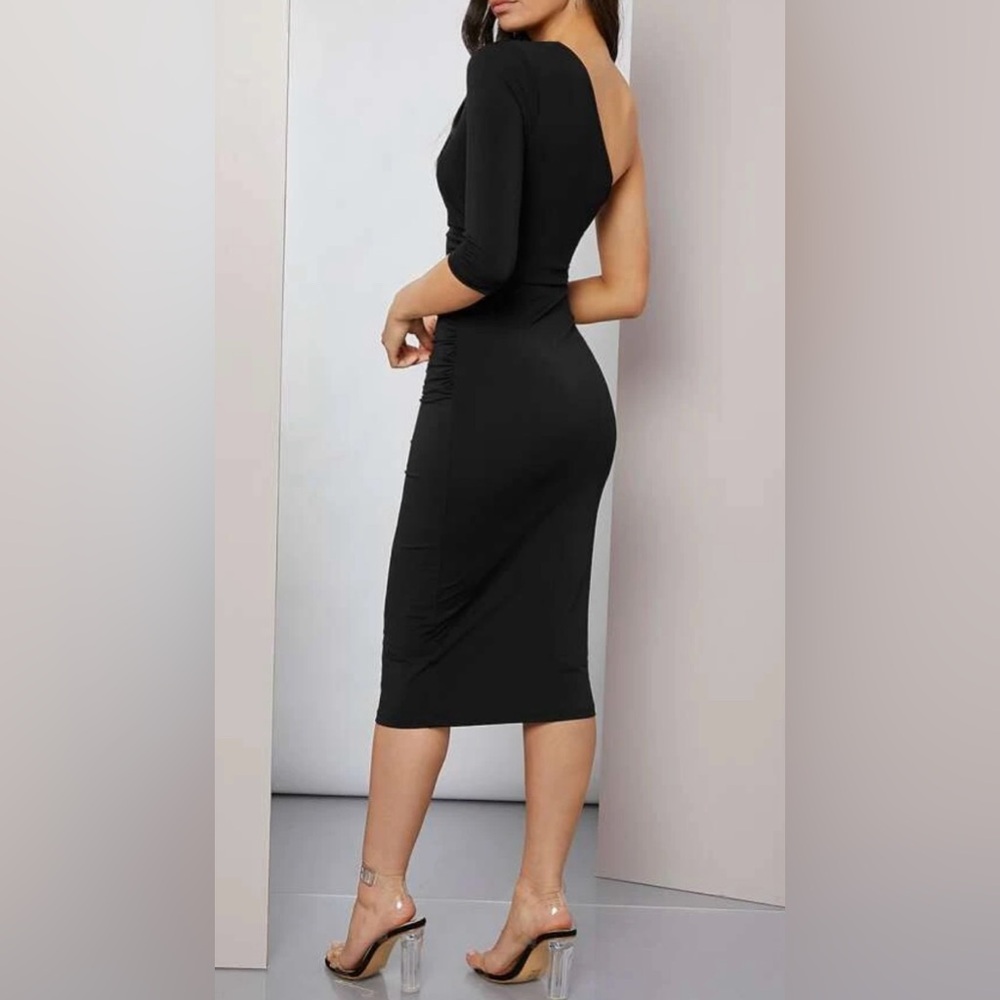 Black Midi One Shoulder Dress - Picture 3 of 4